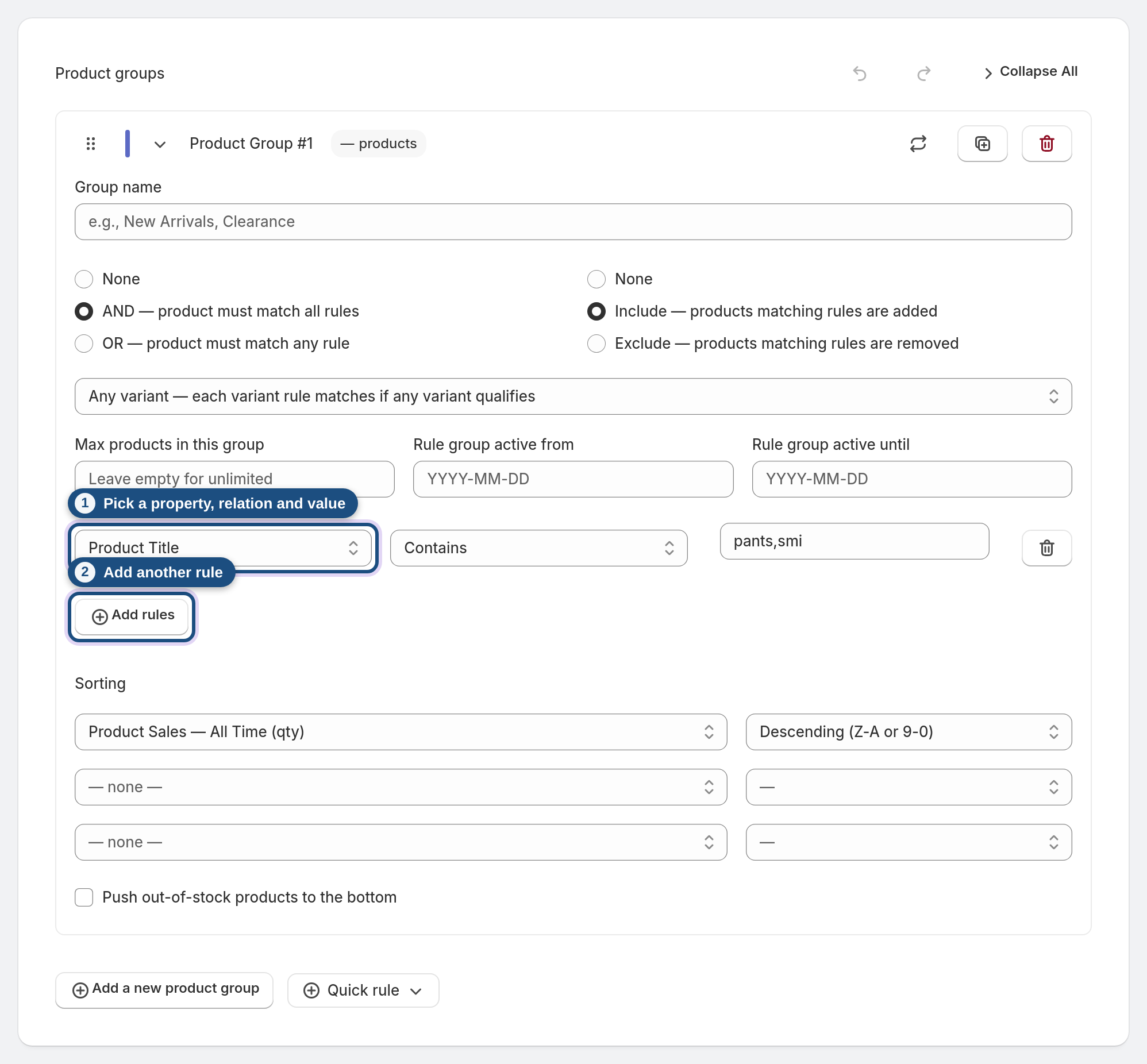 Build a product group with rules