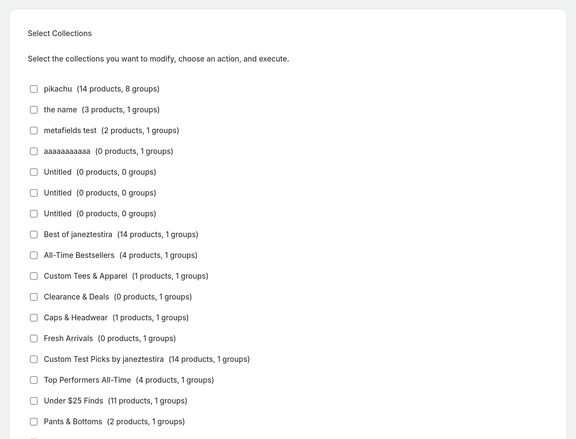 Select the collections — #bulk-collections-list, #bulk-select-all-btn highlighted