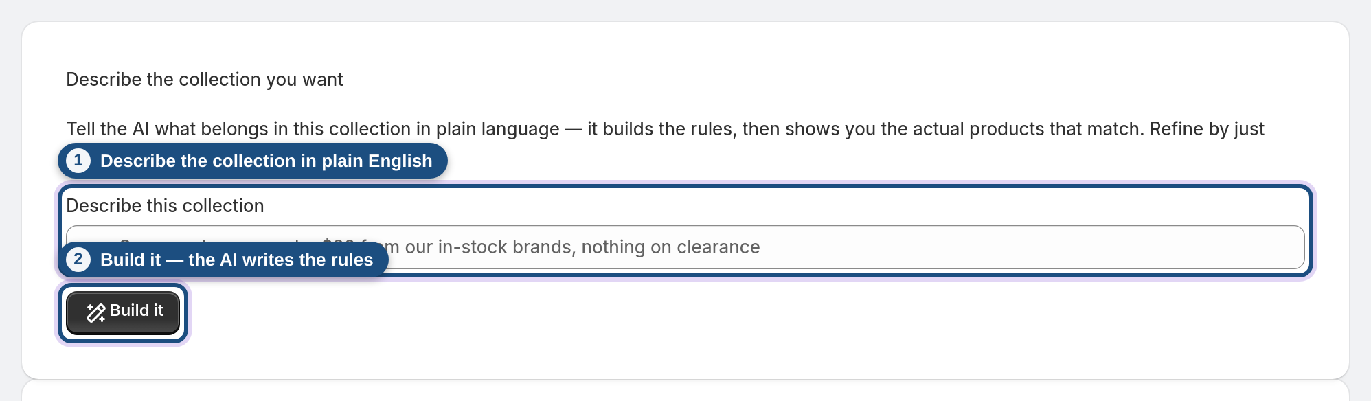 Describe the collection you want — #describe-input, #build-btn highlighted