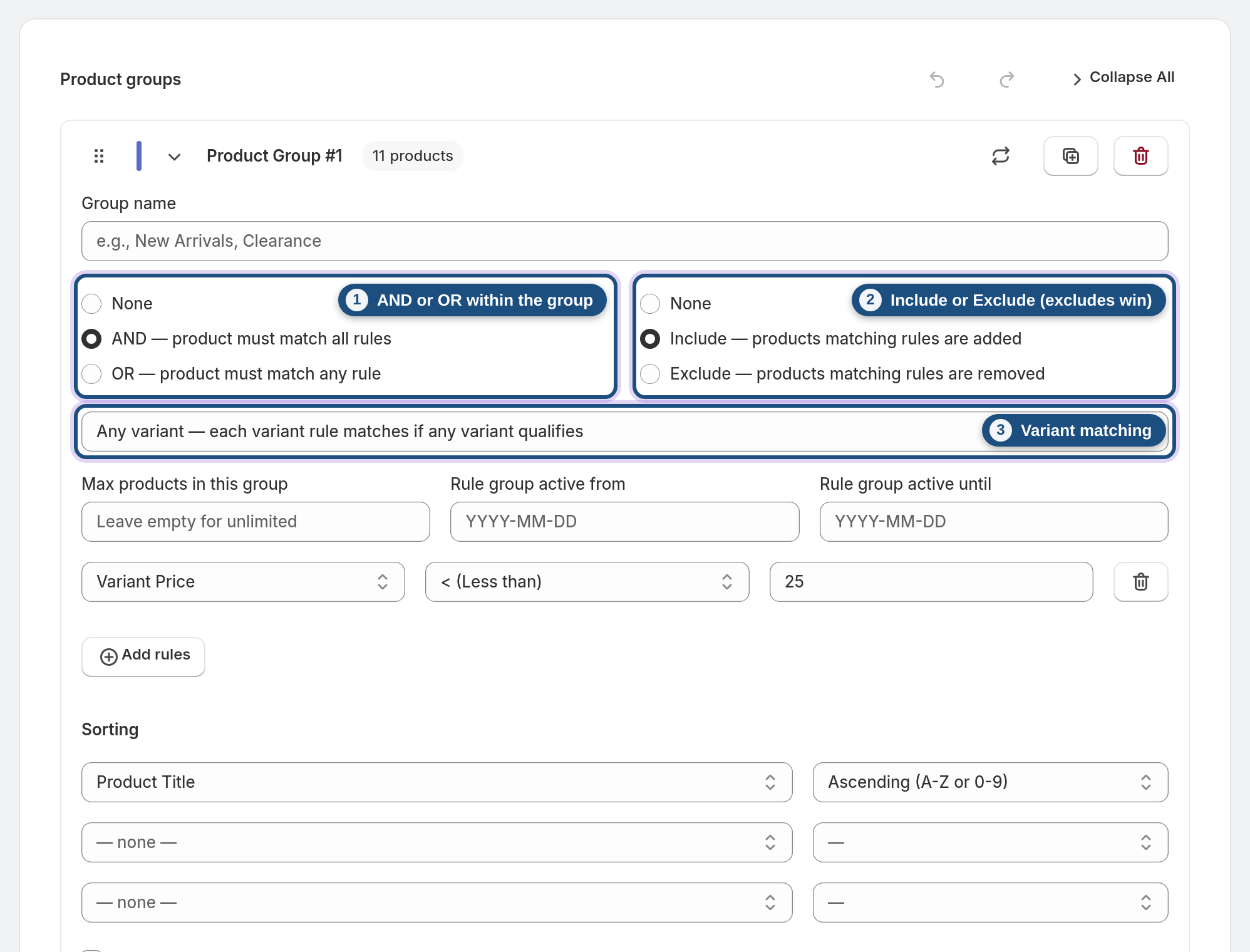 Check that the product really matches the rules — AND/OR, Include/Exclude, Variant matching highlighted