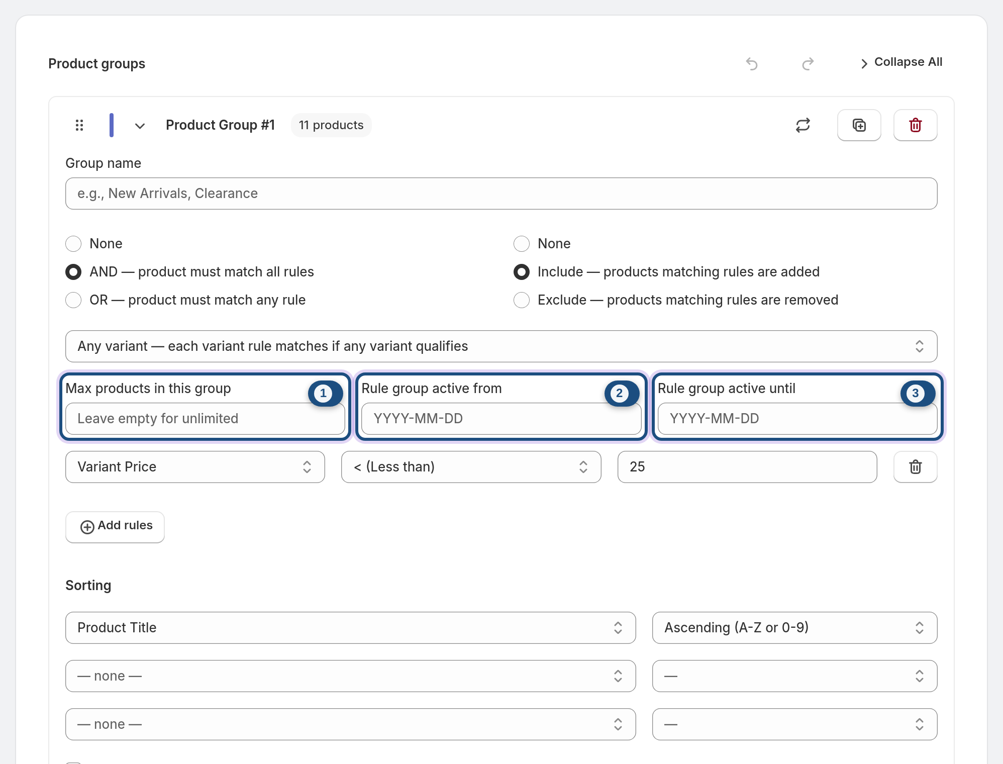 Check group caps and schedules — Max products, active from, active until highlighted
