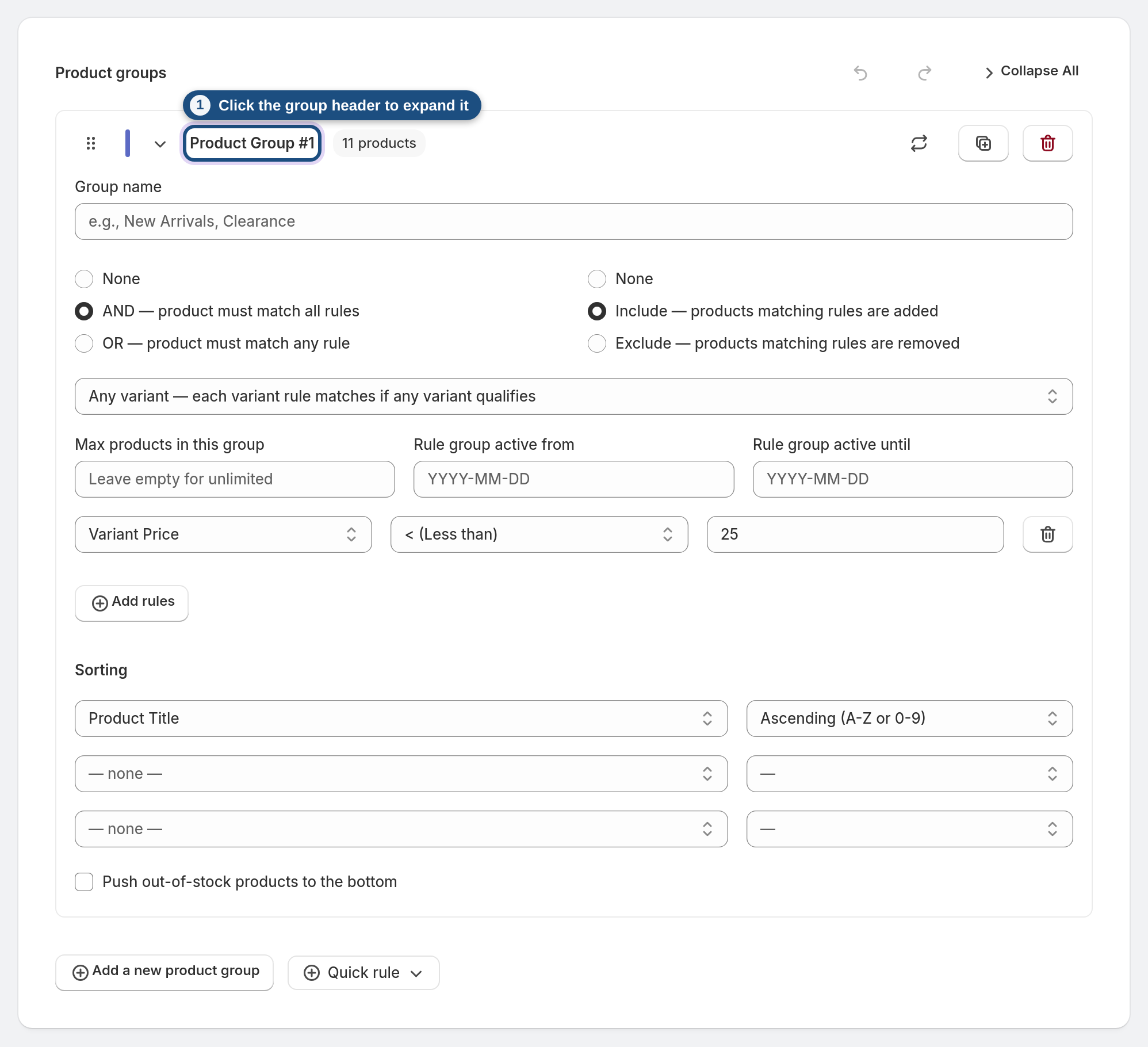 Open the product group you want to adjust — Product group header highlighted