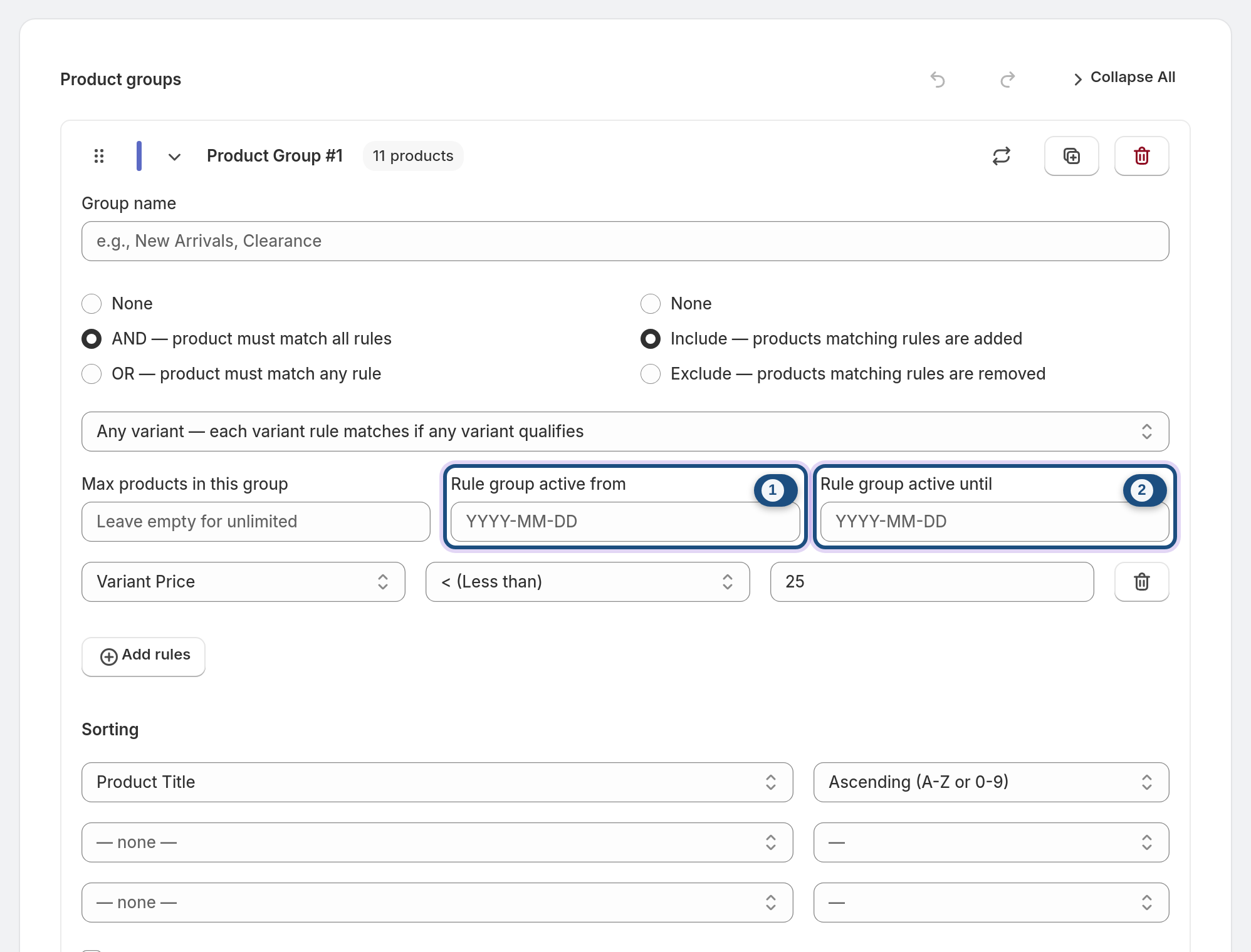 Set the active from and active until dates — Rule group active from, Rule group active until highlighted