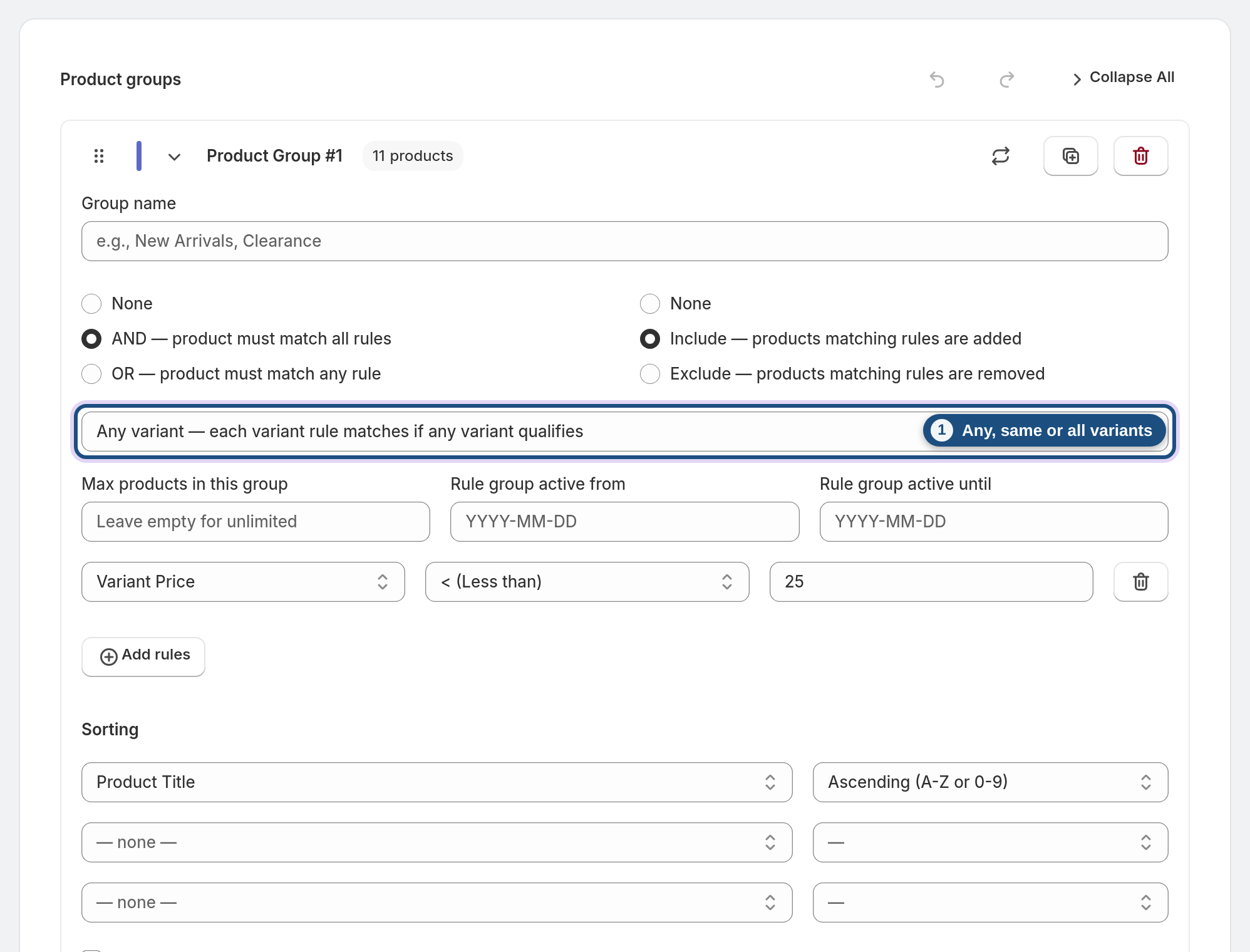 Choose how variants are matched — Variant matching highlighted