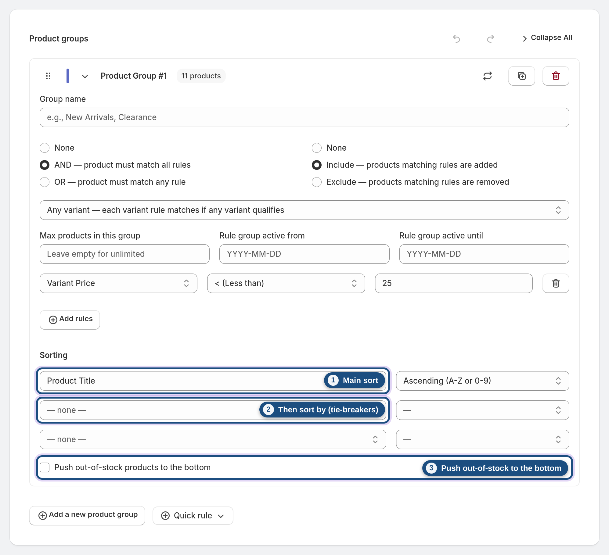 Sort the group and add tie-breakers — Sort, Then sort by (tie-breaker), Push out-of-stock products to the bottom highlighted