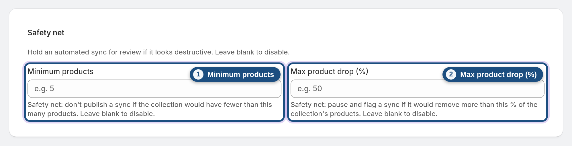 Save and check the safety net — Minimum products, Max product drop (%) highlighted