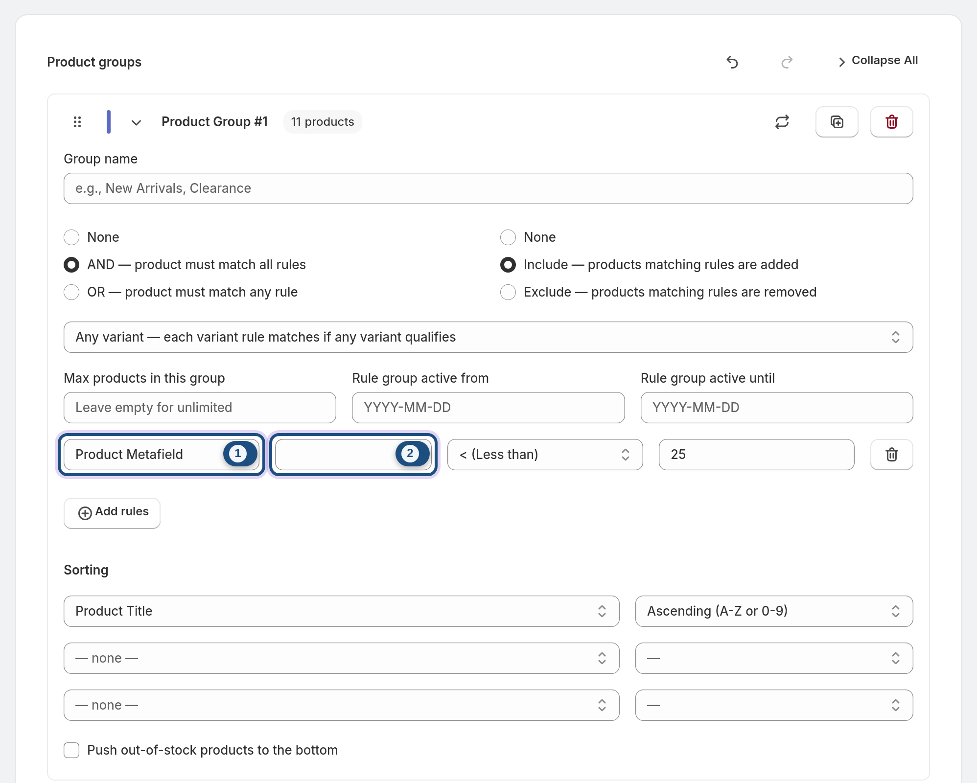 Product and catalog properties — Product Metafield, namespace.key highlighted